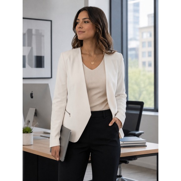 White House Black Market Jackets & Blazers - White House Black Market Cream Open Front Collarless Blazer Jacket Size 6